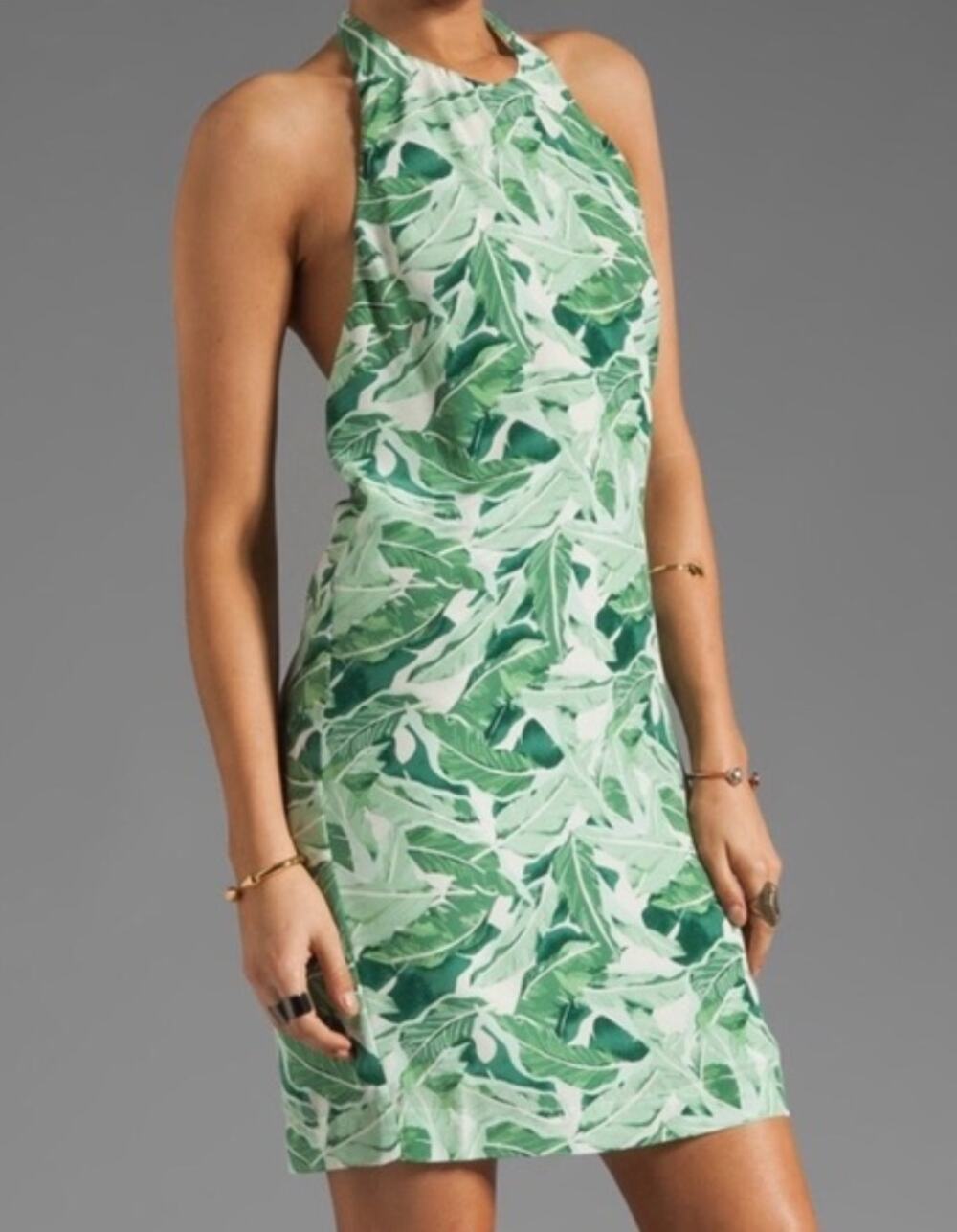 Joie green silk halter palm leaf print mini dress